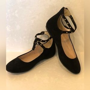 Girls Cross Strap Ballet Flat - Black Faux Suede